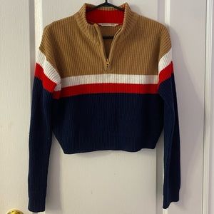 BLUENOTES beige blue white red quarter zip knit sweater